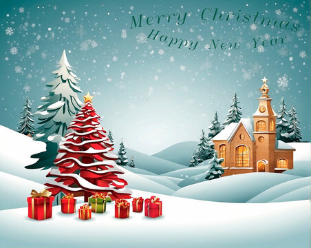 Christmas. New Year. Greeting card beautiful vector background with town hall