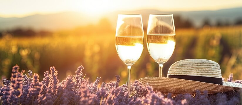 White wine glasses and bottle against a lavender field backdrop Straw hat flower basket lavender on a picnic blanket Romantic sunset in Provence France Copy space image Place for adding text or