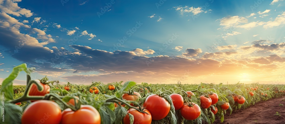 Aufkleber tomato bushes in green field under south ukrainian sunset sky copy space image place for adding text
