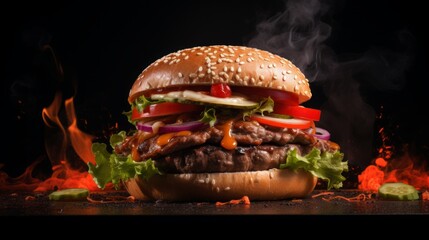 delicious huge burger with capybara meat, dark background, food photography, 16:9