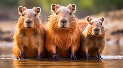Poster de jardin Brésil closeup of a cute group of capybaras, copy space, 16:9