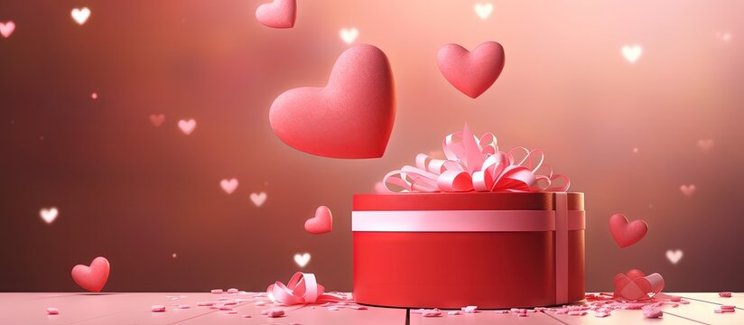 Valentine s Day themed gift box on pedestal featuring paper hearts 3D rendered illustration Copy space image Place for adding text or design