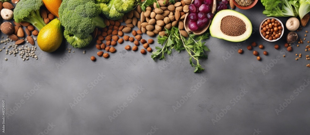 Poster Superfoods on a gray background with room for text Nuts beans greens fruit and seeds Nutritious vegan cuisine Copy space image Place for adding text or design