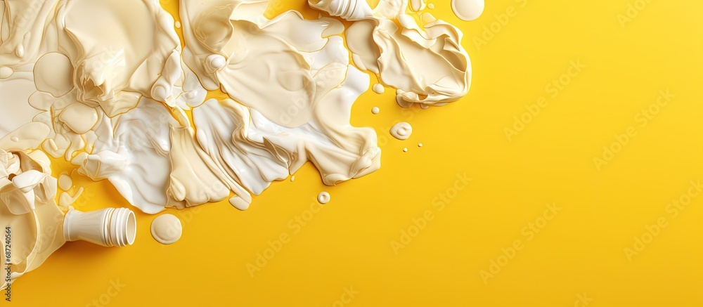 Poster Squashed plastic bottles represent global pollution on yellow Copy space image Place for adding text or design