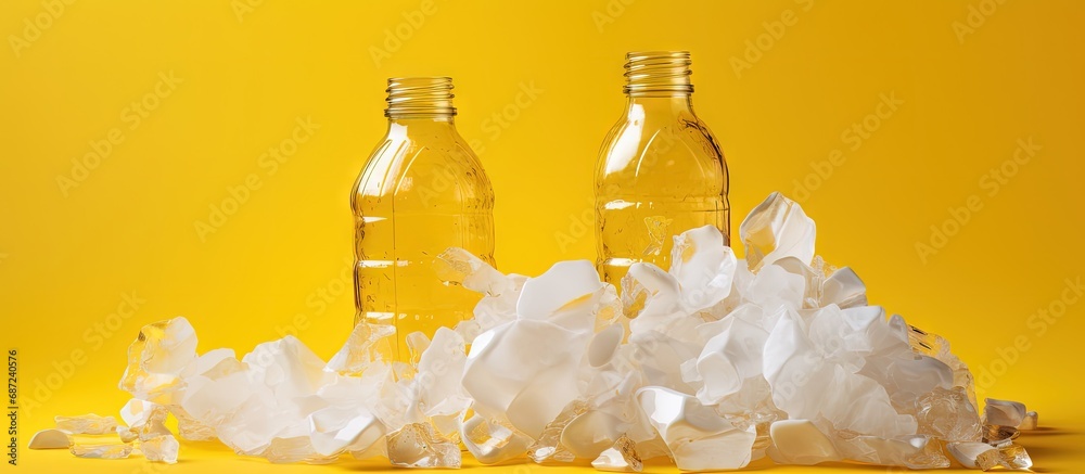 Poster Squashed plastic bottles represent global pollution on yellow Copy space image Place for adding text or design