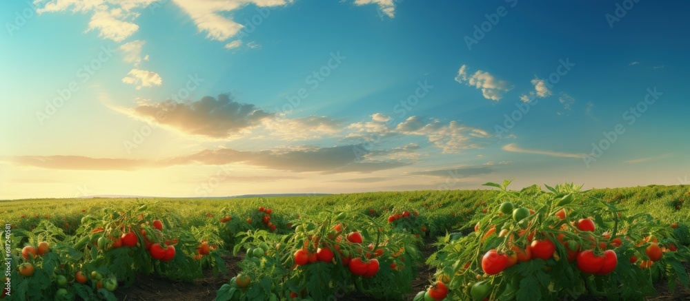 Aufkleber tomato bushes in green field under south ukrainian sunset sky copy space image place for adding text