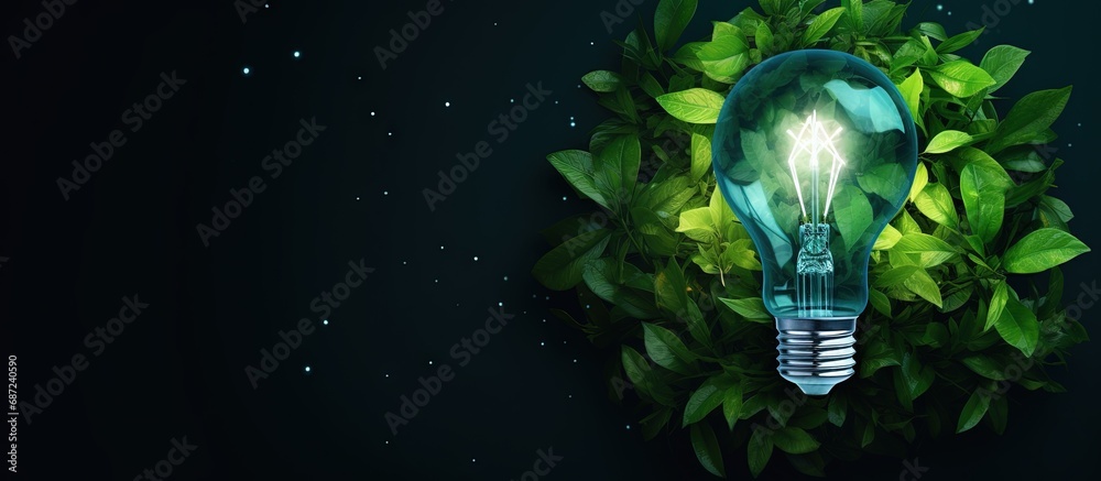 Poster top view of a green eco friendly lightbulb made from fresh leaves representing energy saving and env