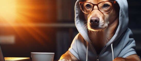 Smart dog working on an online project using a computer and wearing glasses and a hoodie Freelancer...