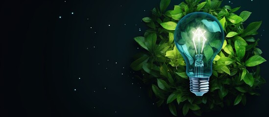 Top view of a green eco friendly lightbulb made from fresh leaves representing energy saving and environmental sustainability Copy space image Place for adding text or design