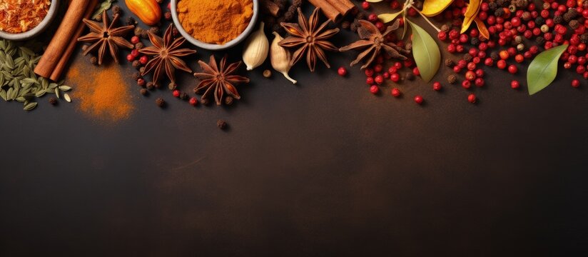 Spice assortment turmeric star anise barberry allspice cloves paprika Copy space image Place for adding text or design