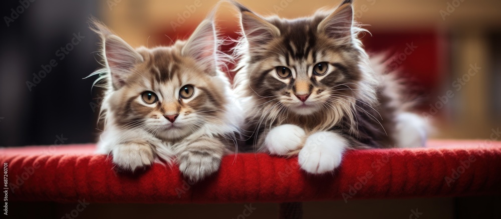 Poster Two adorable Maine Coon kittens in red and gray resting on a play stand Copy space image Place for adding text or design