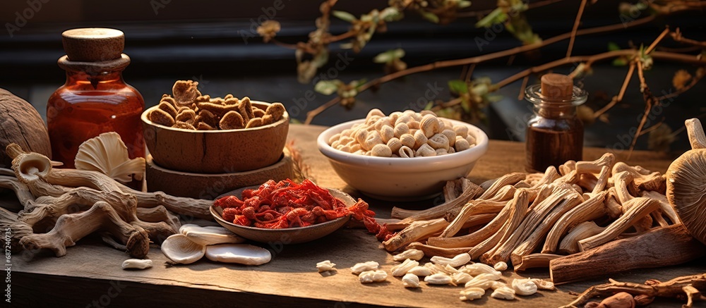 Poster Wooden table with Red Ginseng and dried mushrooms vignette Copy space image Place for adding text or design