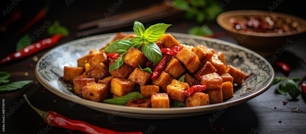 Poster spiced tempeh stir fried with shallots garlic salt bay leaf laos and chilies served on a table copy 