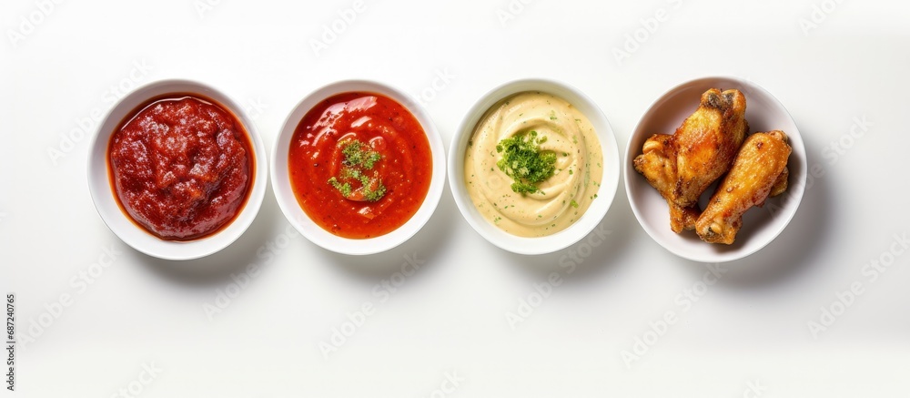 Leinwandbilder top view of air fryer chicken wings with chili glaze and assorted sauces on a white background copy 