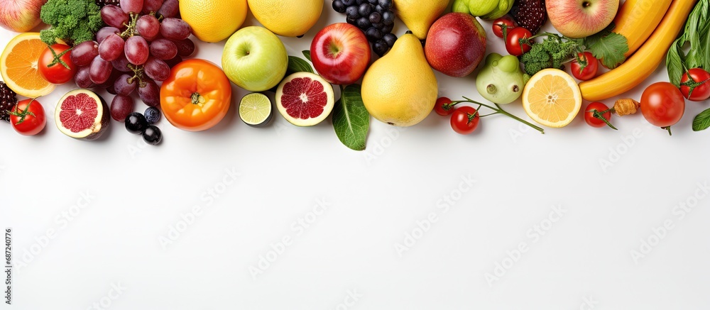 Aufkleber Top view of white background with fresh produce Copy space image Place for adding text or design
