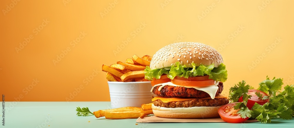Poster Vegan burger with carrot patties and fried potato on table Light background Space for text Copy space image Place for adding text or design