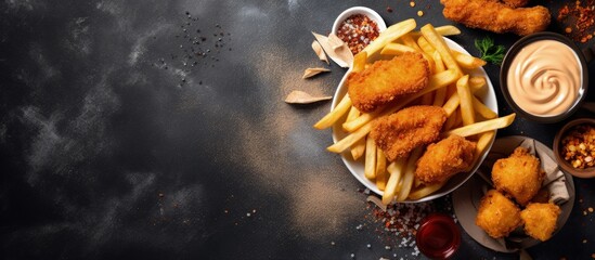 Vegan fish and chips alongside tofu and chips served with vegan sauce Copy space image Place for...
