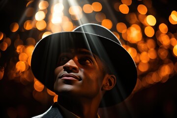 Magician's face silhouette in front of spotlights