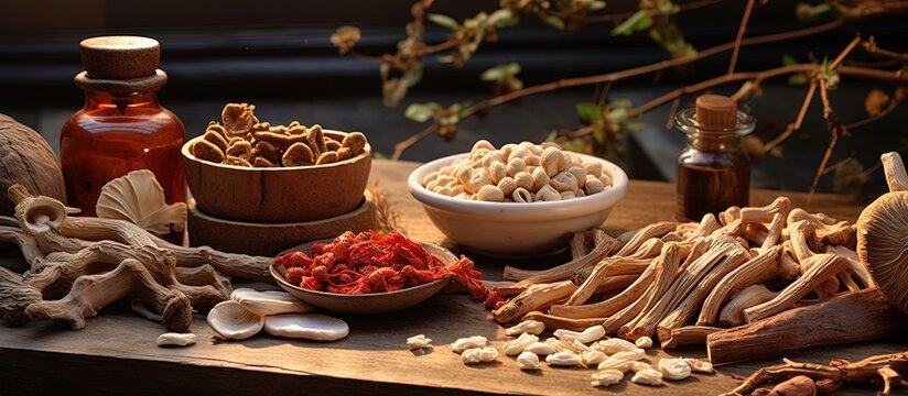 Wooden table with Red Ginseng and dried mushrooms vignette Copy space image Place for adding text or design
