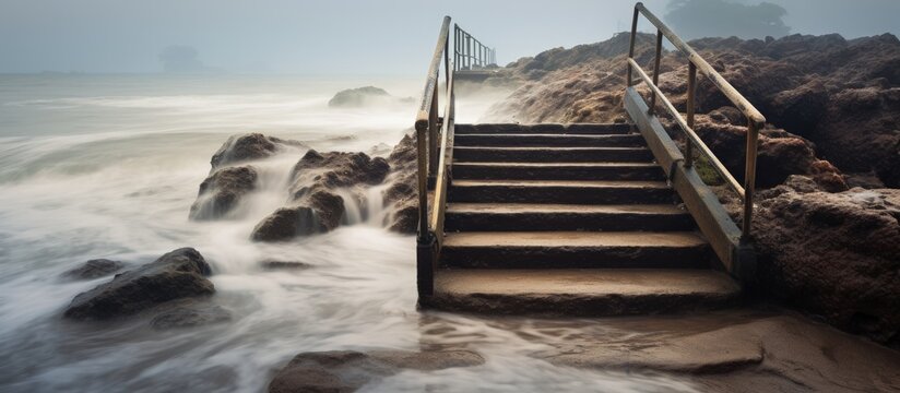 Tide floods stairs during long exposure photography Copy space image Place for adding text or design