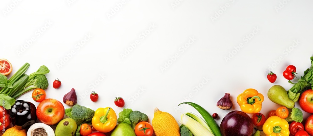 Poster Top view of white background with fresh produce Copy space image Place for adding text or design