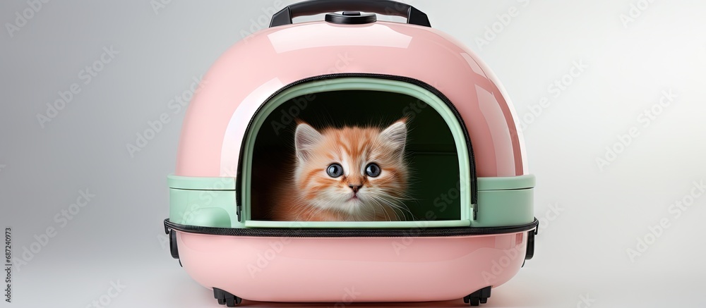 Poster White background plastic carrier for a cat Copy space image Place for adding text or design