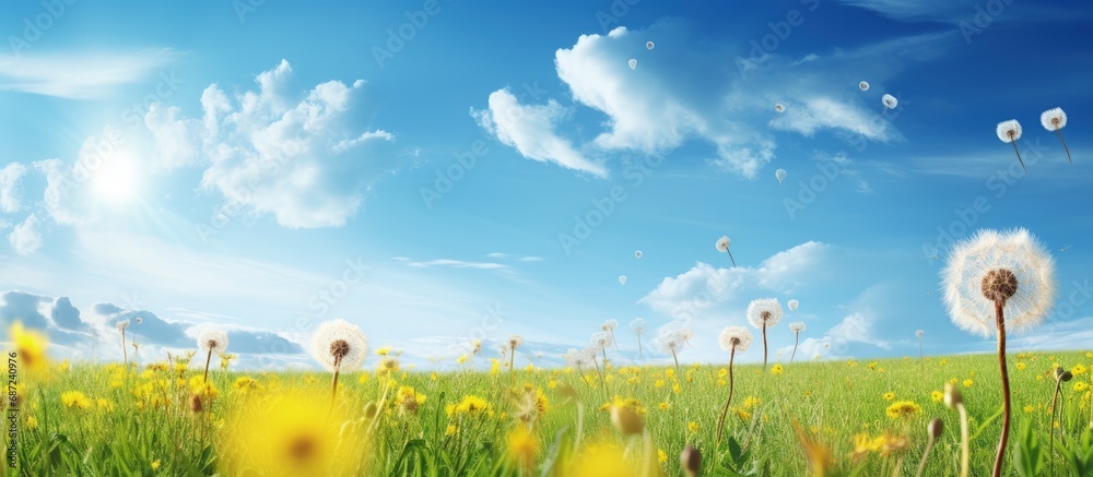 Aufkleber Yellow dandelions and blue sky in a field Copy space image Place for adding text or design