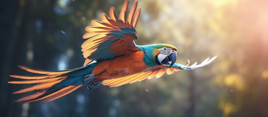 Spectacular picture of a tropical macaw parrot in flight animal kingdom colorful bird wildlife photography ara in zoo Copy space image Place for adding text or design - obrazy, fototapety, plakaty