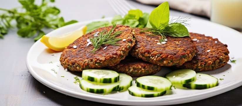Vegan lentil burgers and salad on white kitchen table Copy space image Place for adding text or design