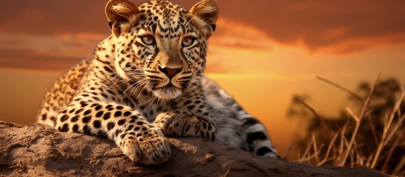 Young leopard on termite mound at sunset Copy space image Place for adding text or design