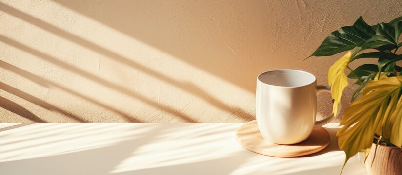 Trendy cup in sun on rustic background Modern minimalist cup on chair and casts shadow in stylish sunny boho room Morning coffee aesthetics Copy space image Place for adding text or design