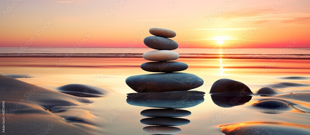 Poster Sunrise beach stones in close up Copy space image Place for adding text or design