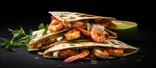 Spicy shrimp quesadilla with a devilish twist Copy space image Place for adding text or design