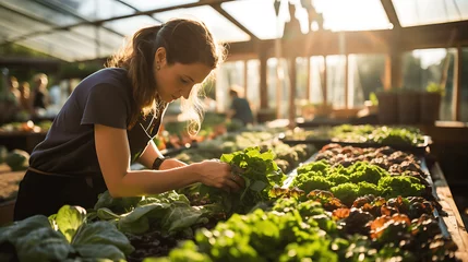 Fotobehang Personas trabajando en invernaderos de plantas y flores © VicPhoto