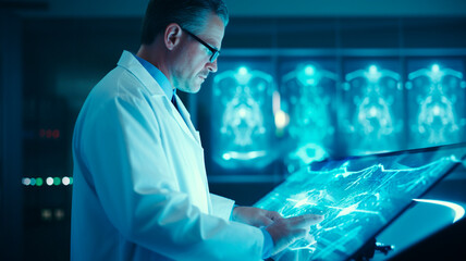 A state-of-the-art automated clinic, a doctor working with computers and homogrammable images of patients' bodies. Generative AI