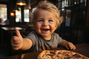 Positive emotions and reviews after visiting pizzeria restaurant. Smiling toddler boy with curly hair shows thumbs up sitting at table with tasty crunchy fresh pizza. Positive sign of agreement like