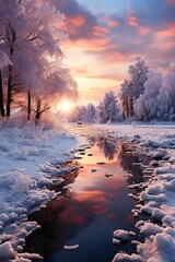 Frozen ice lake in winter in a park in the forest in sunny weather a panoramic view with a blue sky and white clouds Wallpaper beautiful fairy winter nature at a pink dawn