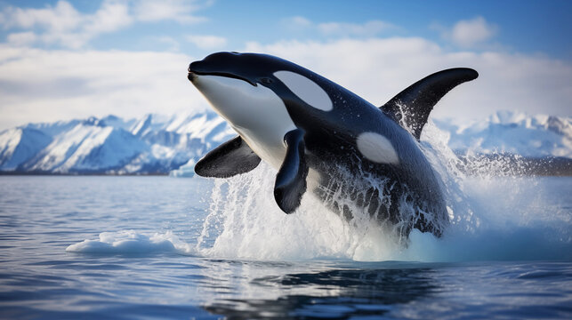 The orca jumps out of the ocean on the Arctic ice background