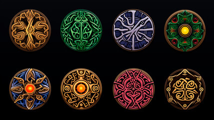 Ancient runes, image of colored ancient writings on a dark background. Generative AI
