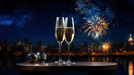 Happy New Year. Dark night with beautiful fireworks and champagne glasses on table