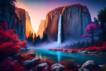 A surreal interpretation of El Capitan and Bridal Veil Falls, surrounded by an otherworldly glow, the landscape transformed into a fantastical realm where reality merges with dreams