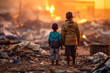 Two African children in a landfill. Back view - obrazy, fototapety, plakaty