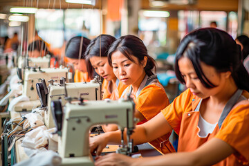 Group of Asian women sewing fabric with sewing machines in a clothing factory