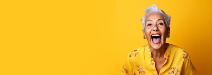 Happy smiling senior old gray haired female looking at camera with happy gesture. Active old woman lady on yellow background. Full of life positive lifestyle concept. Copy paste empty place for text