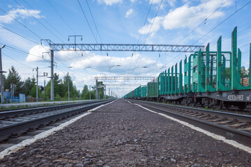 railway station with empty freight cars for timber logs