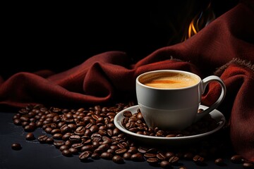 Obraz premium Steaming Cup of Coffee on a Delicate Saucer Surrounded by Fresh Coffee Generative AI