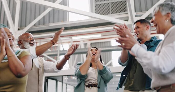 Teamwork, success and business people together with hands for victory, winning and motivation in workplace. Diversity, collaboration and group of workers stack hand for celebration, mission and goals