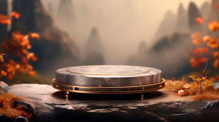 Fototapeta premium An original platform for advertising jewelry, phones, souvenirs and many commercial goods, blurred background, deep bokeh. Generative AI