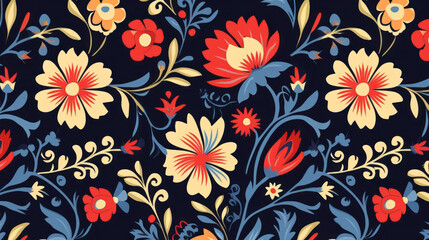 Traditional Mexican floral pattern on black background. Vibrant Spirit of Mexico with Authentic flowers pattern - obrazy, fototapety, plakaty