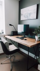 Minimalistic home office interior with clean design, a sleek desk, ergonomic chair, and organized workspace. The simplicity creates focused and aesthetically pleasing environment for productive work.